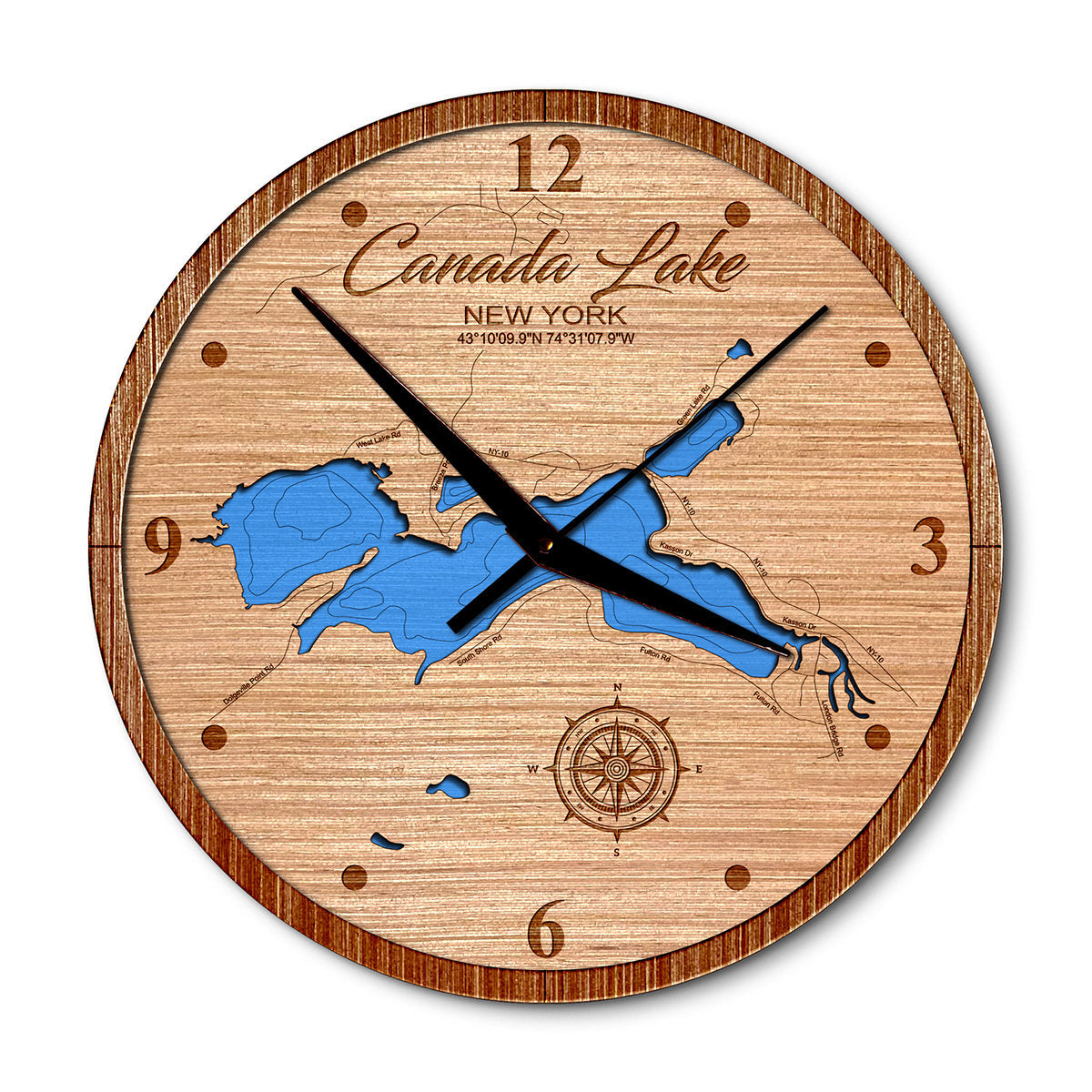 Canada Lake, New York 14in Layered Map Clock - Any Lake, Pond, or Reservoir - Unique Home Decor
