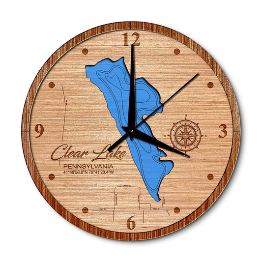 Clear Lake, Pennsylvania Layered Map Clock - Any Lake, Pond, or Reservoir - Unique Home Decor