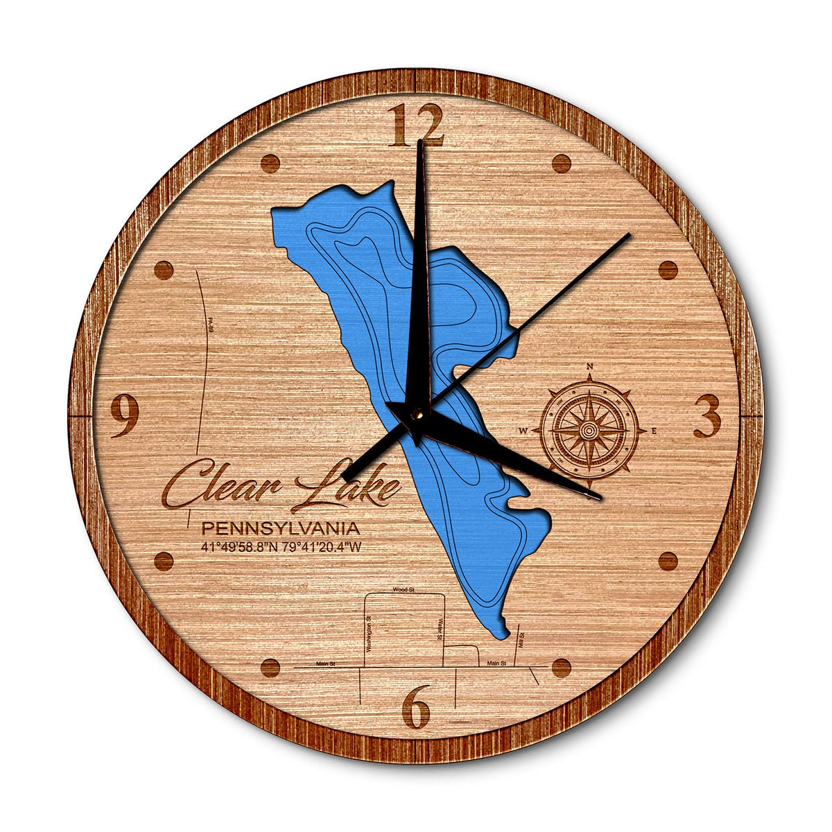 Clear Lake, Pennsylvania 14in Layered Map Clock - Any Lake, Pond, or Reservoir - Unique Home Decor