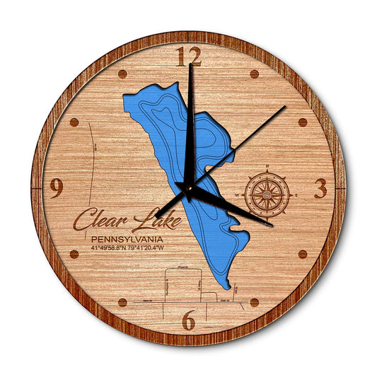 Clear Lake, Pennsylvania 14in Layered Map Clock - Any Lake, Pond, or Reservoir - Unique Home Decor