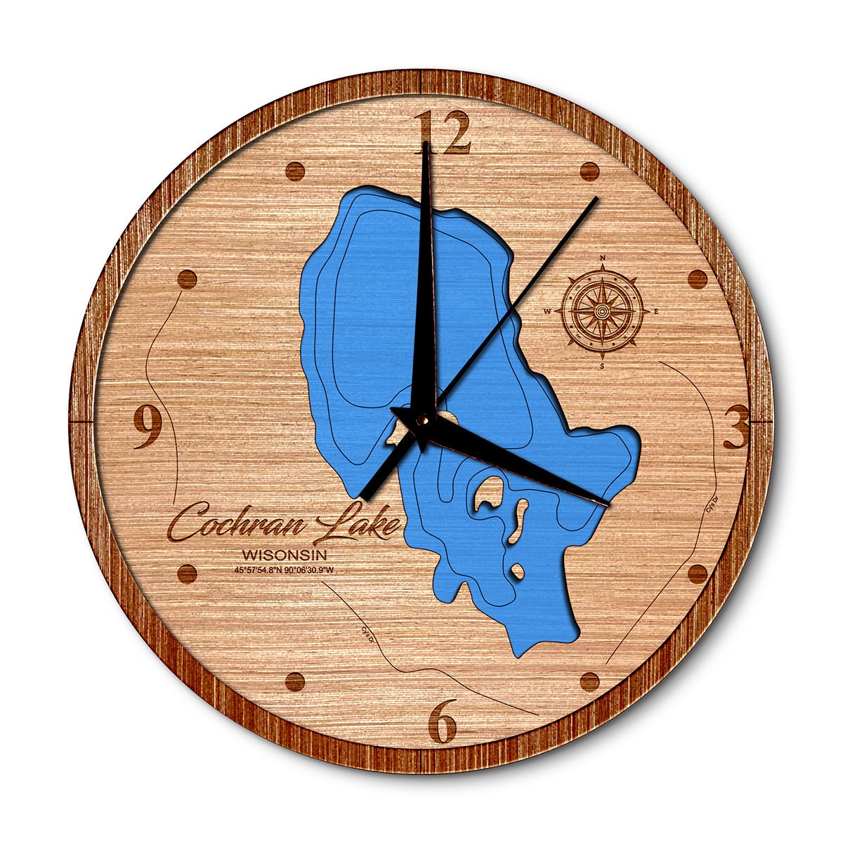 Cochran Lake, Wisconsin 14in Layered Map Clock - Any Lake, Pond, or Reservoir - Unique Home Decor