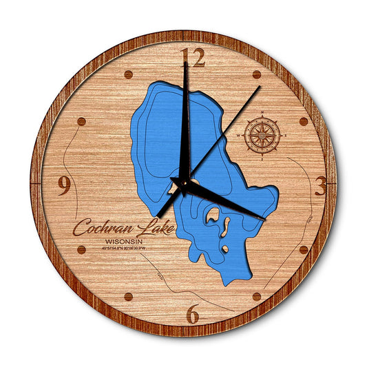 Cochran Lake, Wisconsin 14in Layered Map Clock - Any Lake, Pond, or Reservoir - Unique Home Decor