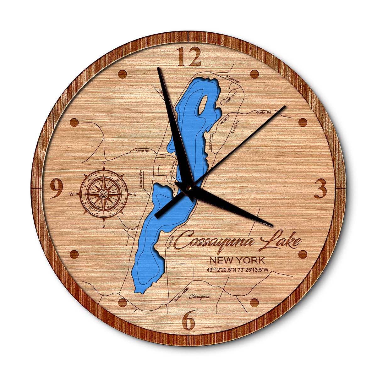 Cossayuna Lake, New York 14in Layered Map Clock - Any Lake, Pond, or Reservoir - Unique Home Decor
