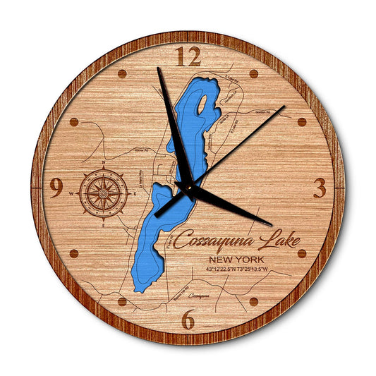 Cossayuna Lake, New York 14in Layered Map Clock - Any Lake, Pond, or Reservoir - Unique Home Decor
