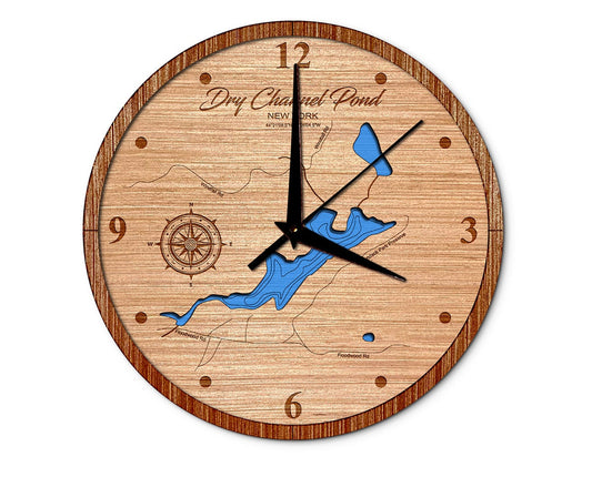 Dry Channel Pond, New York 14in Layered Map Clock - Any Lake, Pond, or Reservoir - Unique Home Decor