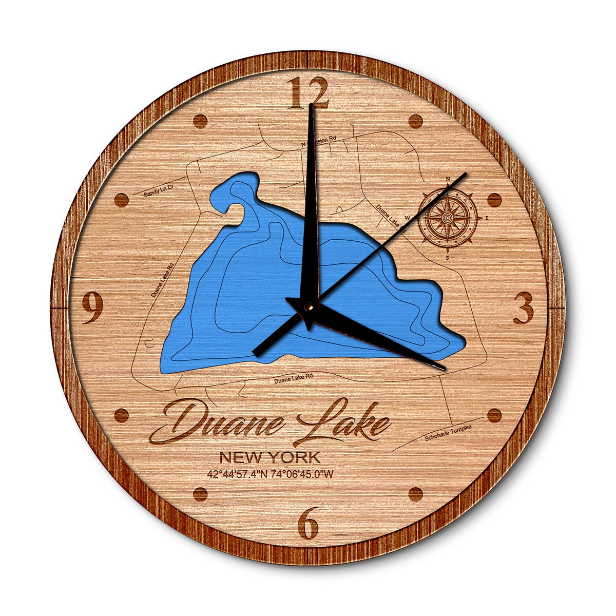 Duanne Lake, New York 14in Layered Map Clock - Any Lake, Pond, or Reservoir - Unique Home Decor