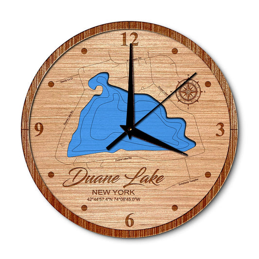 Duanne Lake, New York 14in Layered Map Clock - Any Lake, Pond, or Reservoir - Unique Home Decor