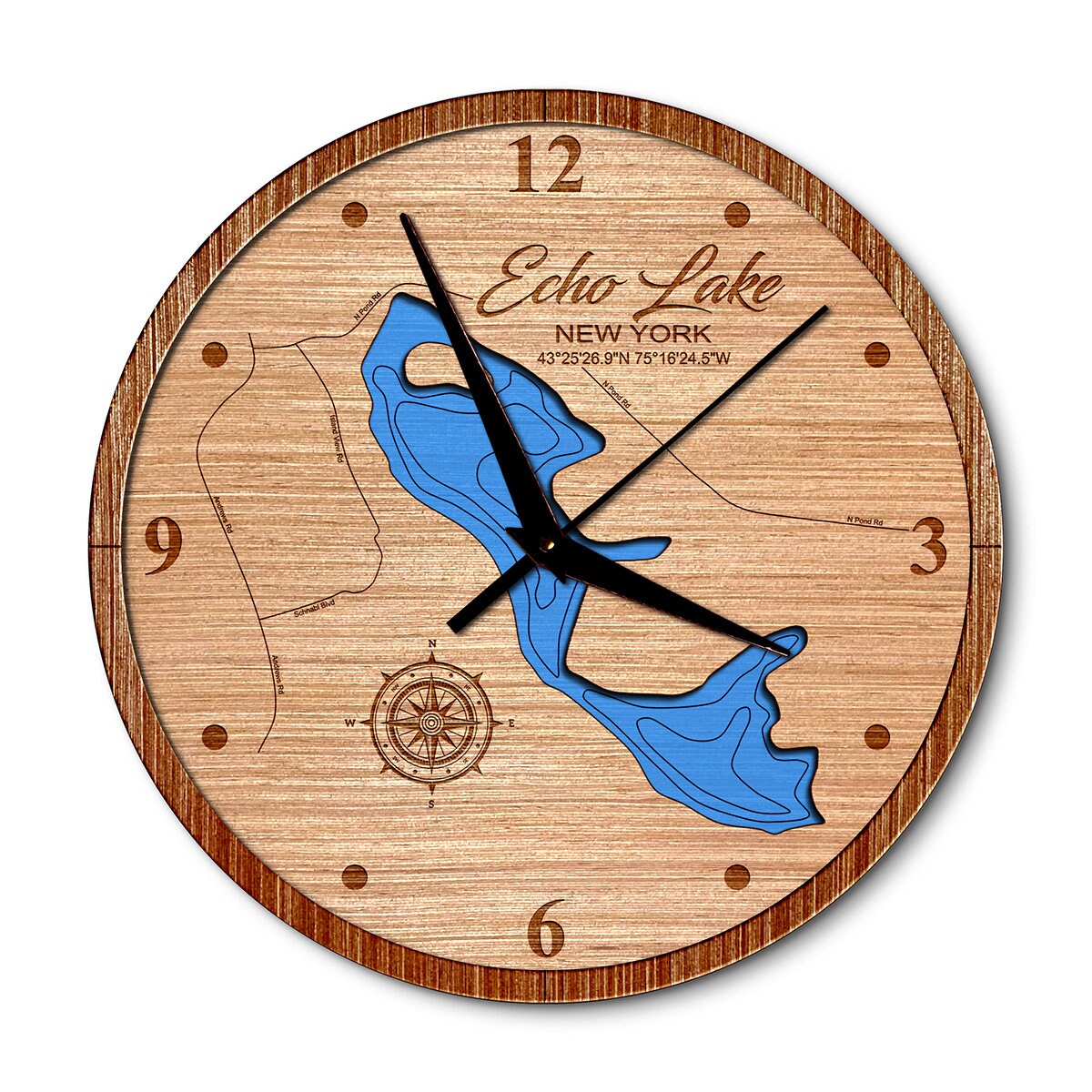 Echo Lake in Boonville, New York 14in Layered Map Clock - Any Lake, Pond, or Reservoir - Unique Home Decor