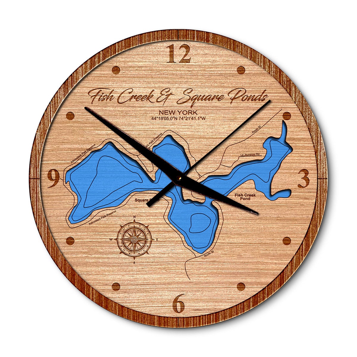 Fish Creek Pond & Square Pond, New York 14in Layered Map Clock - Any Lake, Pond, or Reservoir - Unique Home Decor