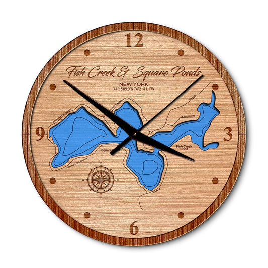 Fish Creek Pond & Square Pond, New York 14in Layered Map Clock - Any Lake, Pond, or Reservoir - Unique Home Decor