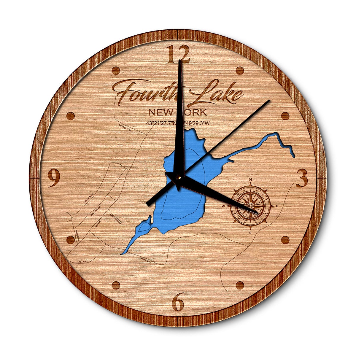 Fourth Lake in (Warren County) New York 14in Layered Map Clock - Any Lake, Pond, or Reservoir - Unique Home Decor