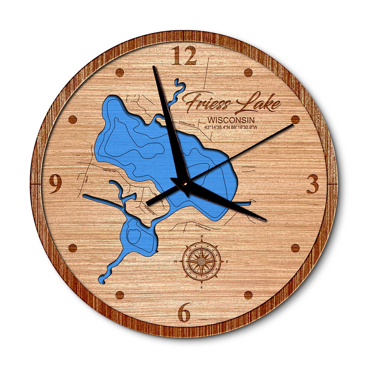 Friess Lake, Wisconsin 14in Layered Map Clock - Any Lake, Pond, or Reservoir - Unique Home Decor