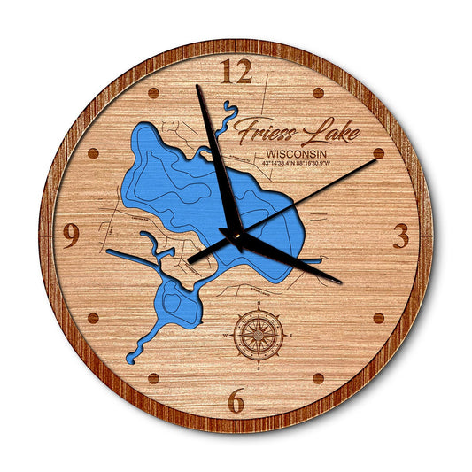 Friess Lake, Wisconsin 14in Layered Map Clock - Any Lake, Pond, or Reservoir - Unique Home Decor