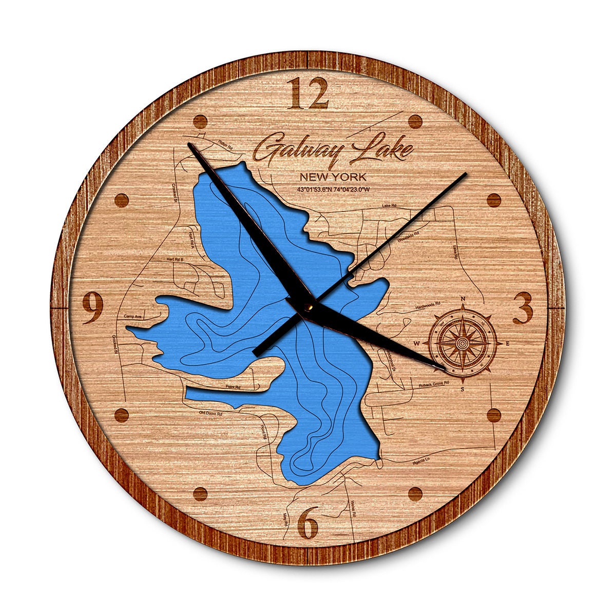 Galway Lake,  New York 14in Layered Map Clock - Any Lake, Pond, or Reservoir - Unique Home Decor