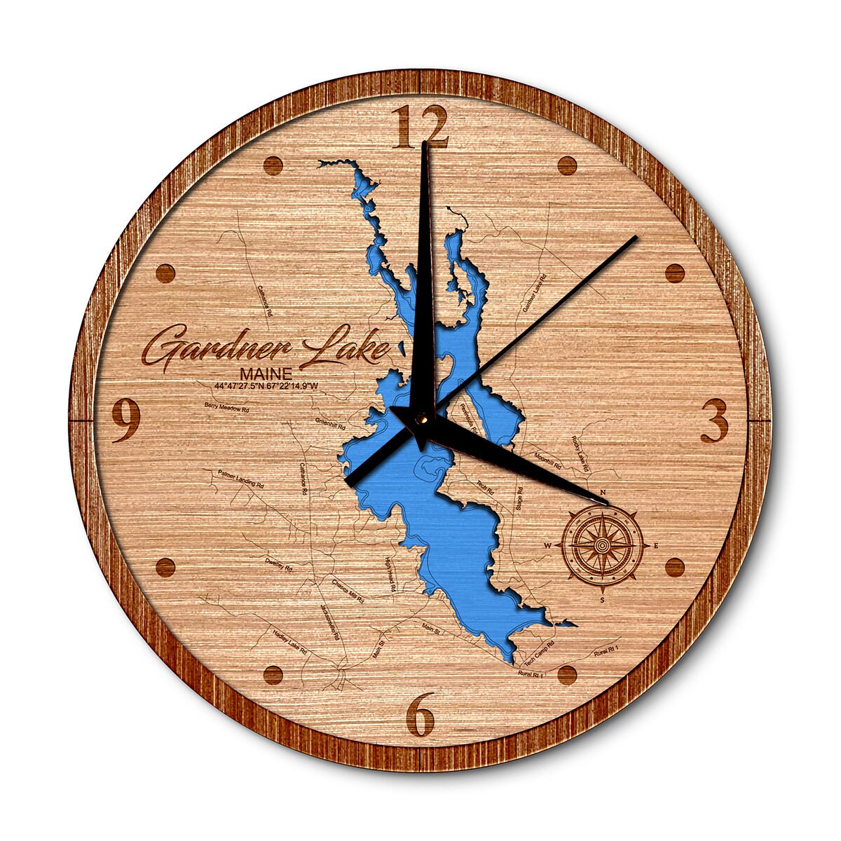 Gardner Lake, Maine Layered Map Clock - Any Lake, Pond, or Reservoir - Unique Home Decor