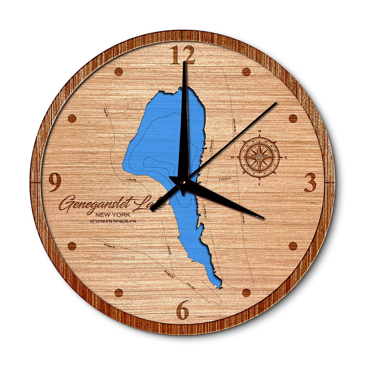 Geneganslet Lake, New York 14in Layered Map Clock - Any Lake, Pond, or Reservoir - Unique Home Decor