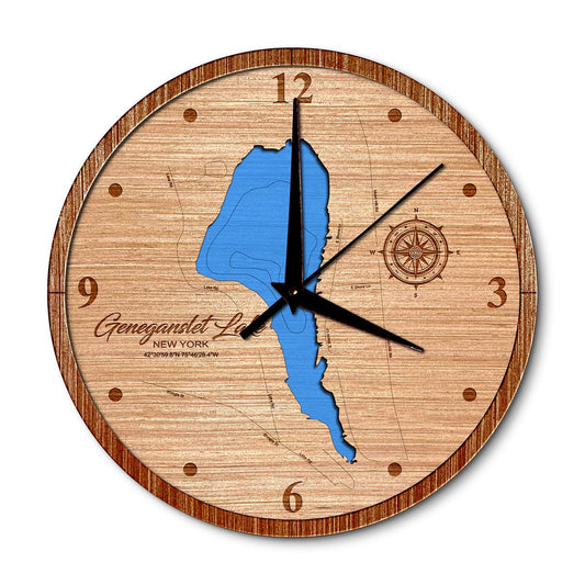 Geneganslet Lake, New York 14in Layered Map Clock - Any Lake, Pond, or Reservoir - Unique Home Decor
