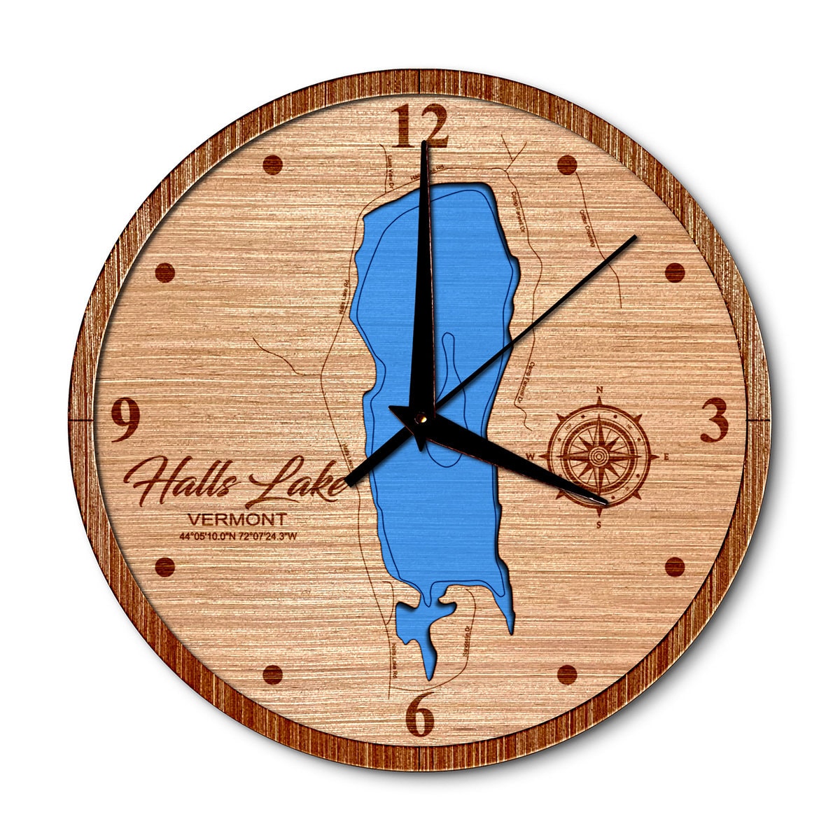 Halls Lake, Vermont 14in Layered Map Clock - Any Lake, Pond, or Reservoir - Unique Home Decor