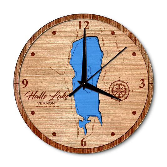 Halls Lake, Vermont 14in Layered Map Clock - Any Lake, Pond, or Reservoir - Unique Home Decor
