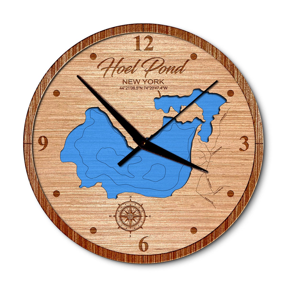 Hoel Pond, New York 14in Layered Map Clock - Any Lake, Pond, or Reservoir - Unique Home Decor