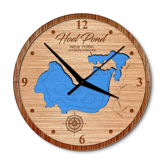 Hoel Pond, New York 14in Layered Map Clock - Any Lake, Pond, or Reservoir - Unique Home Decor