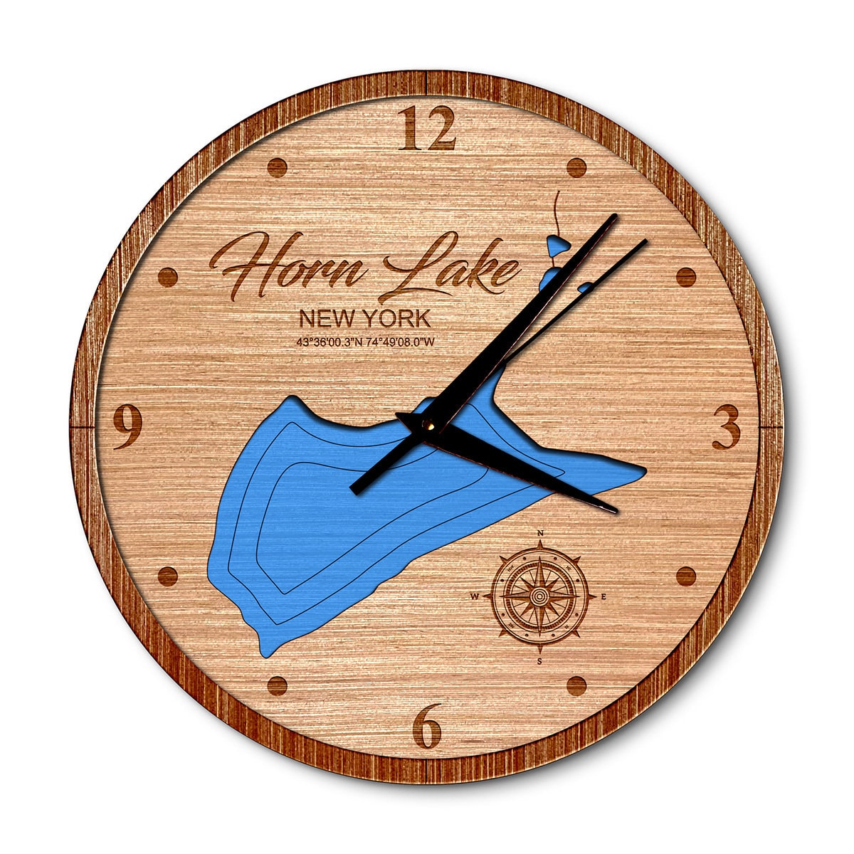 Horn Lake, New York 14in Layered Map Clock - Any Lake, Pond, or Reservoir - Unique Home Decor