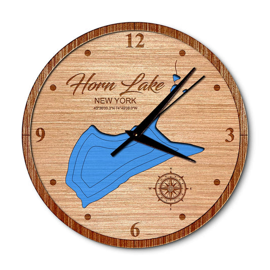 Horn Lake, New York 14in Layered Map Clock - Any Lake, Pond, or Reservoir - Unique Home Decor