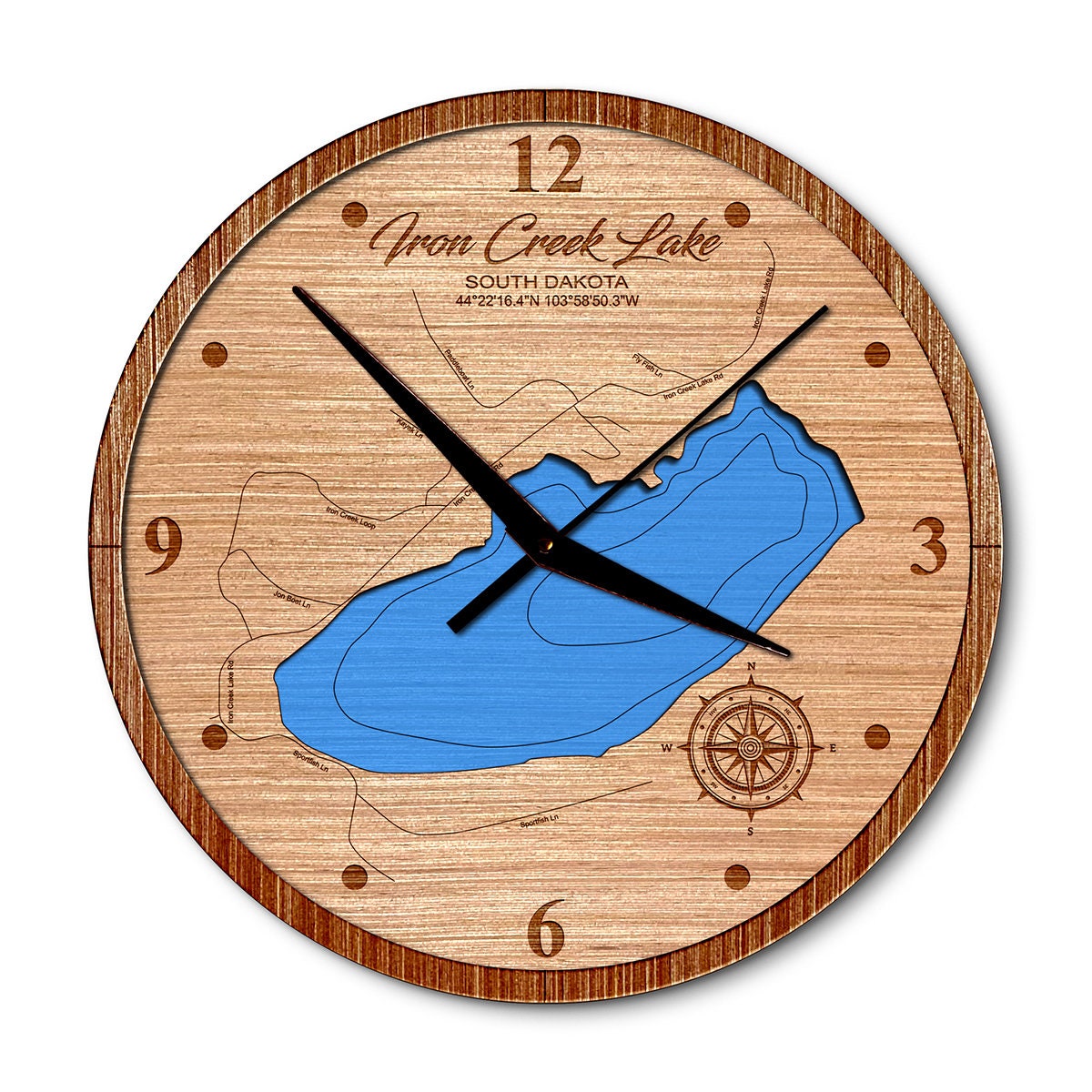 Iron Creek Lake, South Dakota 14in Layered Map Clock - Any Lake, Pond, or Reservoir - Unique Home Decor