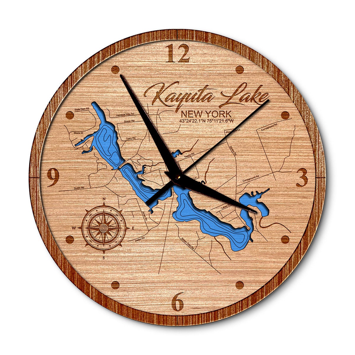 Kayuta Lake, New York 14in Layered Map Clock - Any Lake, Pond, or Reservoir - Unique Home Decor