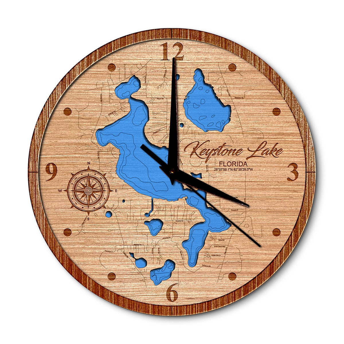 Keystone Lake, Florida 14in Layered Map Clock - Any Lake, Pond, or Reservoir - Unique Home Decor