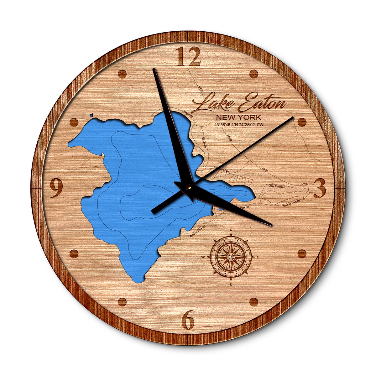 Lake Eaton in Hamilton, New York 14in Layered Map Clock - Any Lake, Pond, or Reservoir - Unique Home Decor
