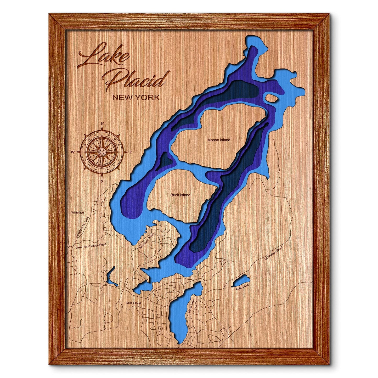 Lake Placid and Mirror, New York Depth Map - Any Lake, Pond, or Reservoir, Home Decor, Wall Art, Wall Decor