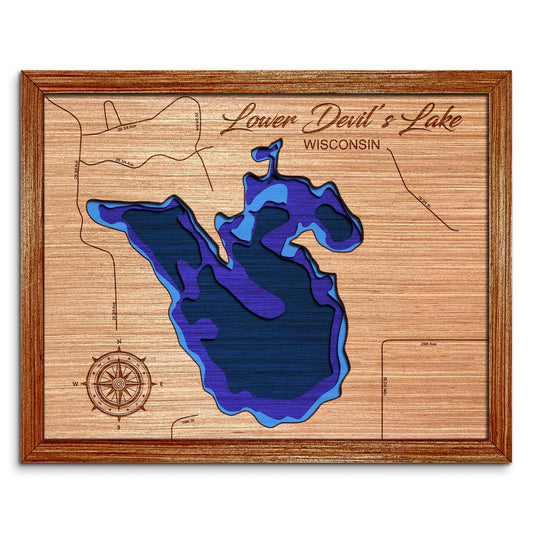 Lower Devil's Lake, Wisconsin Depth Map - Any Lake, Pond, or Reservoir - Unique Home Decor, Wall Art