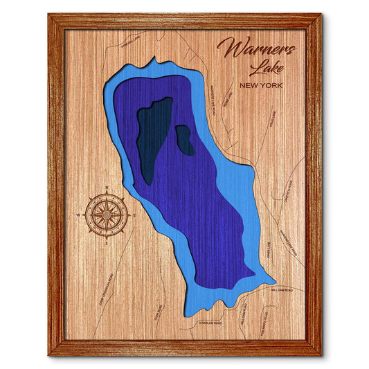 Warners Lake, New York Depth Map - Any Lake, Pond, or Reservoir, Home Decor, Wall Art, Wall Decor