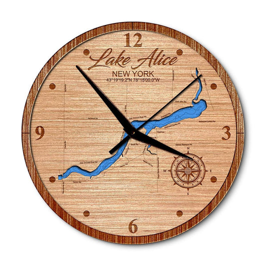 Lake Alice in Waterport, New York 14in Layered Map Clock - Any Lake, Pond, or Reservoir - Unique Home Decor
