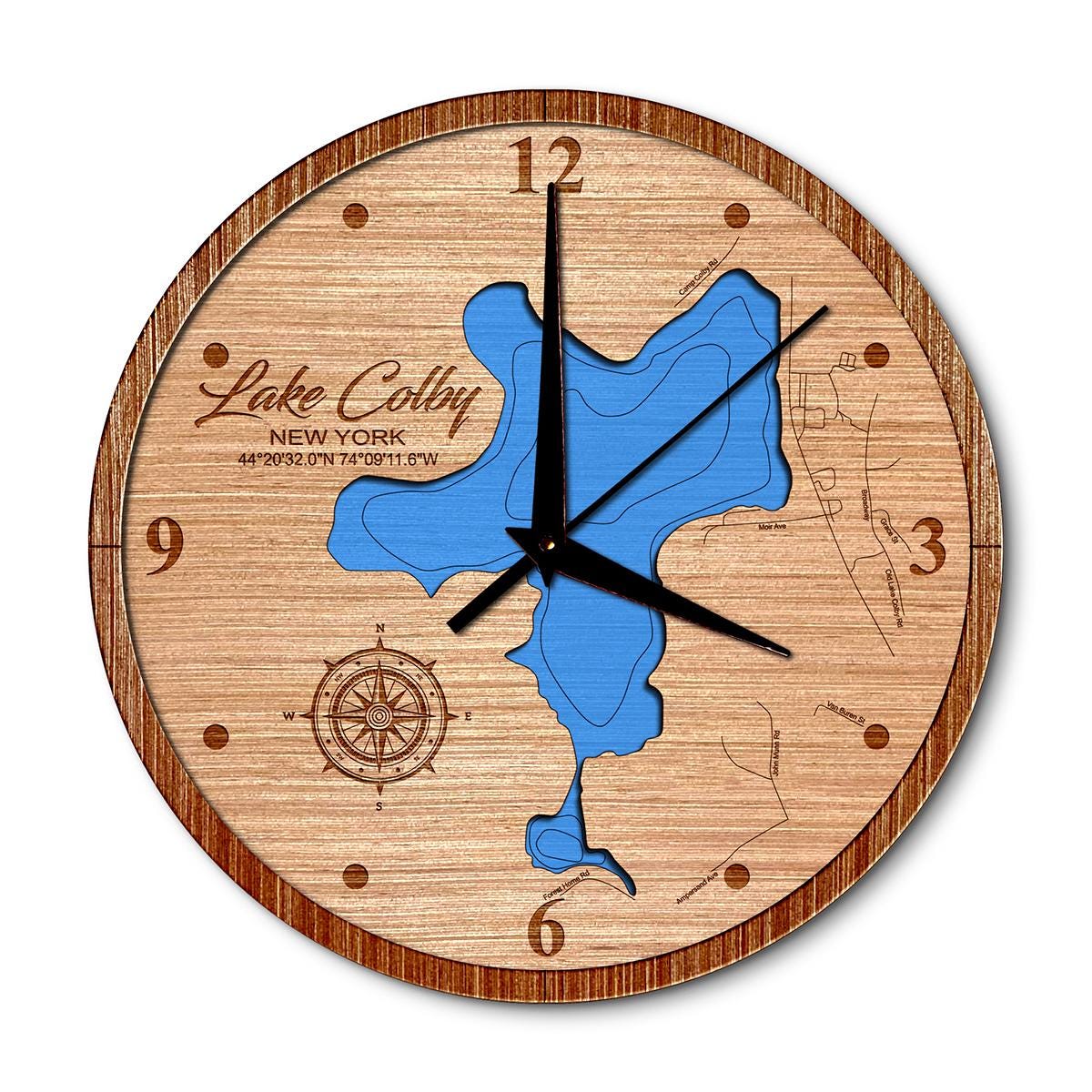 Lake Colby Franklin New York 14in Layered Map Clock - Any Lake, Pond, or Reservoir - Unique Home Decor