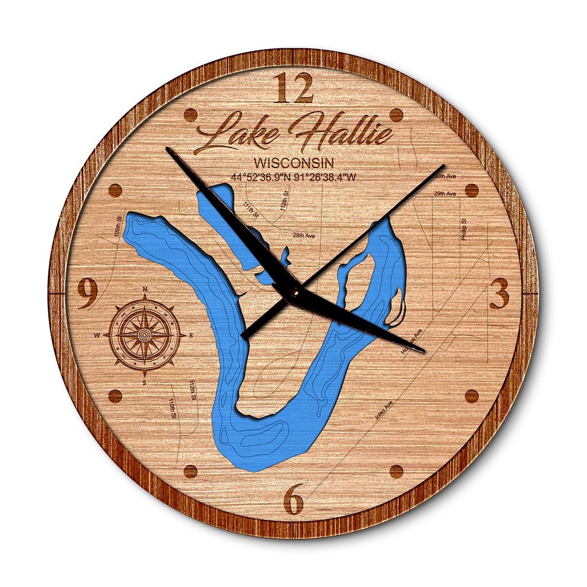 Lake Hallie Wisconsin 14in Layered Map Clock - Any Lake, Pond, or Reservoir - Unique Home Decor