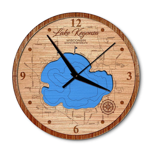 Lake Kegonsa Wisconsin 14in Layered Map Clock - Any Lake, Pond, or Reservoir - Unique Home Decor