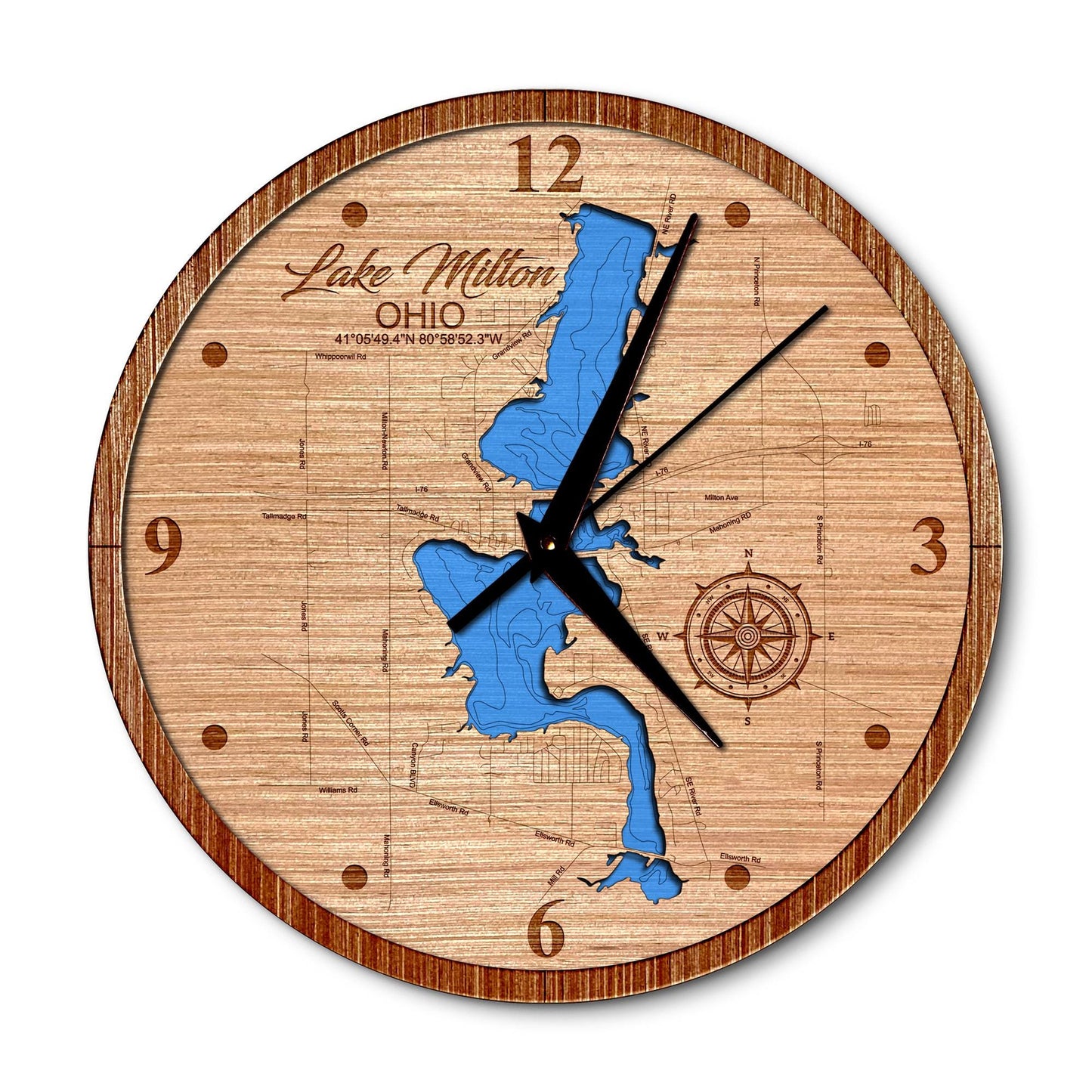 Lake Milton Ohio 14in Layered Map Clock - Any Lake, Pond, or Reservoir - Unique Home Decor