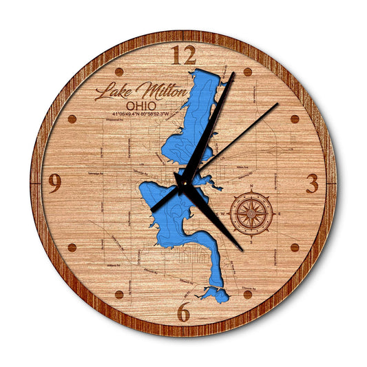 Lake Milton Ohio 14in Layered Map Clock - Any Lake, Pond, or Reservoir - Unique Home Decor