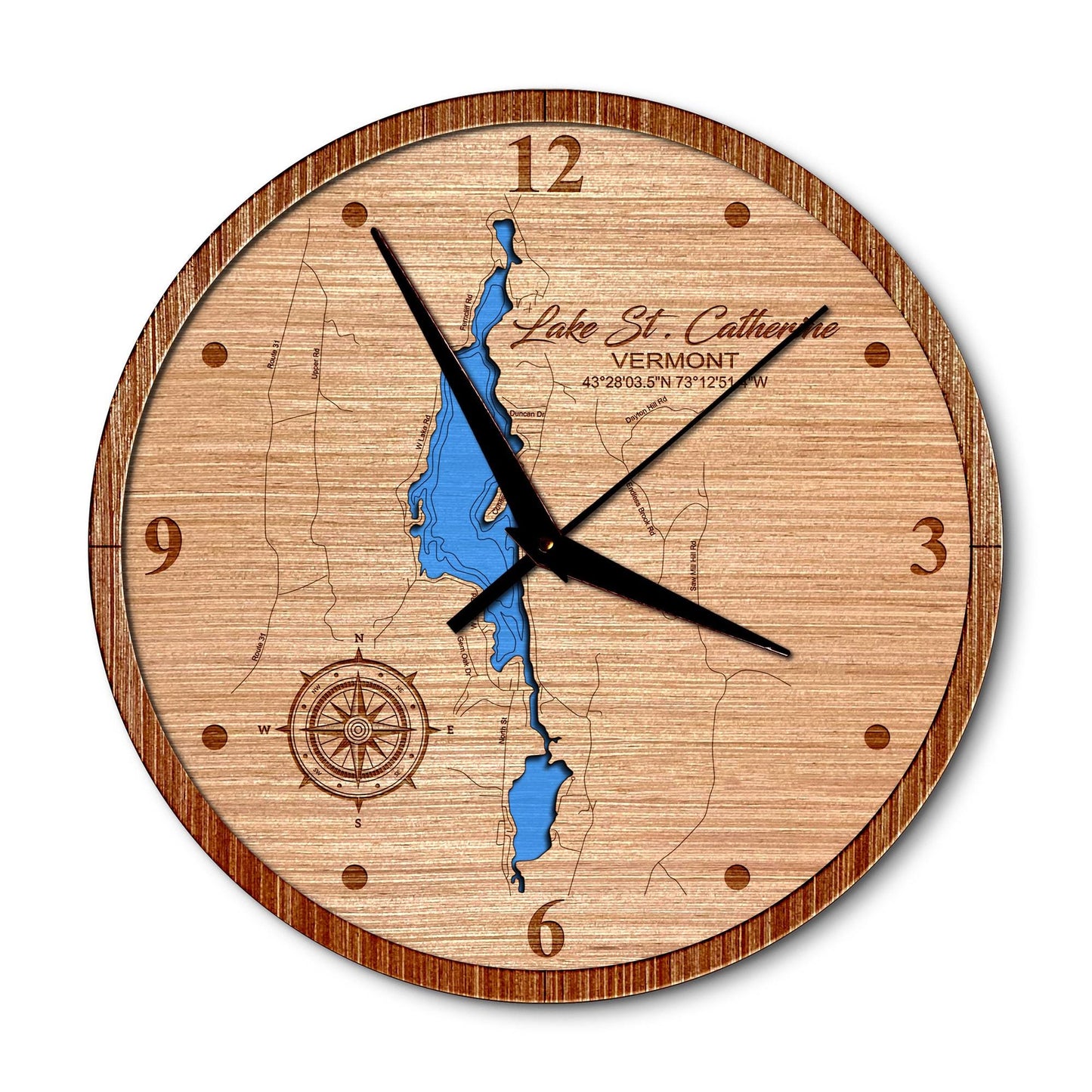 Lake St Catherine Vermont 14in Layered Map Clock - Any Lake, Pond, or Reservoir - Unique Home Decor