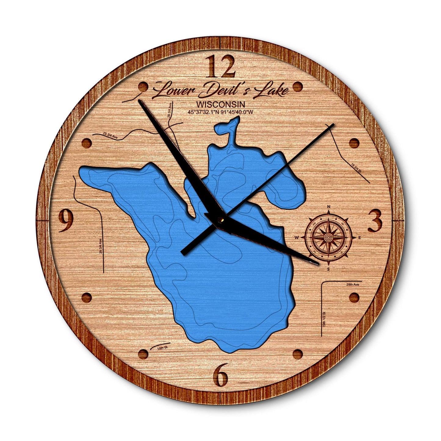 Lower Devil's Lake Wisconsin 14in Layered Map Clock - Any Lake, Pond, or Reservoir - Unique Home Decor