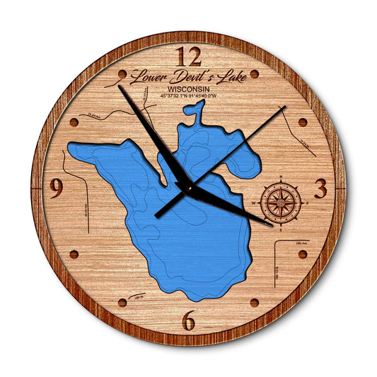 Lower Devil's Lake Wisconsin 14in Layered Map Clock - Any Lake, Pond, or Reservoir - Unique Home Decor