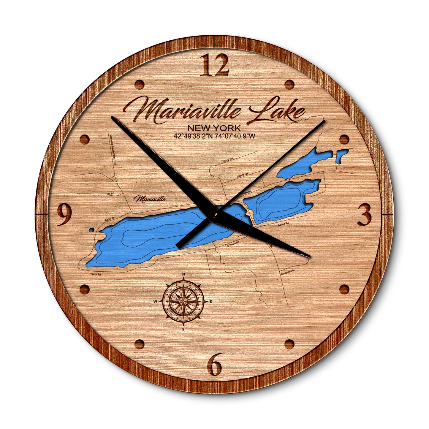 Mariaville Lake New York 14in Layered Map Clock - Any Lake, Pond, or Reservoir - Unique Home Decor