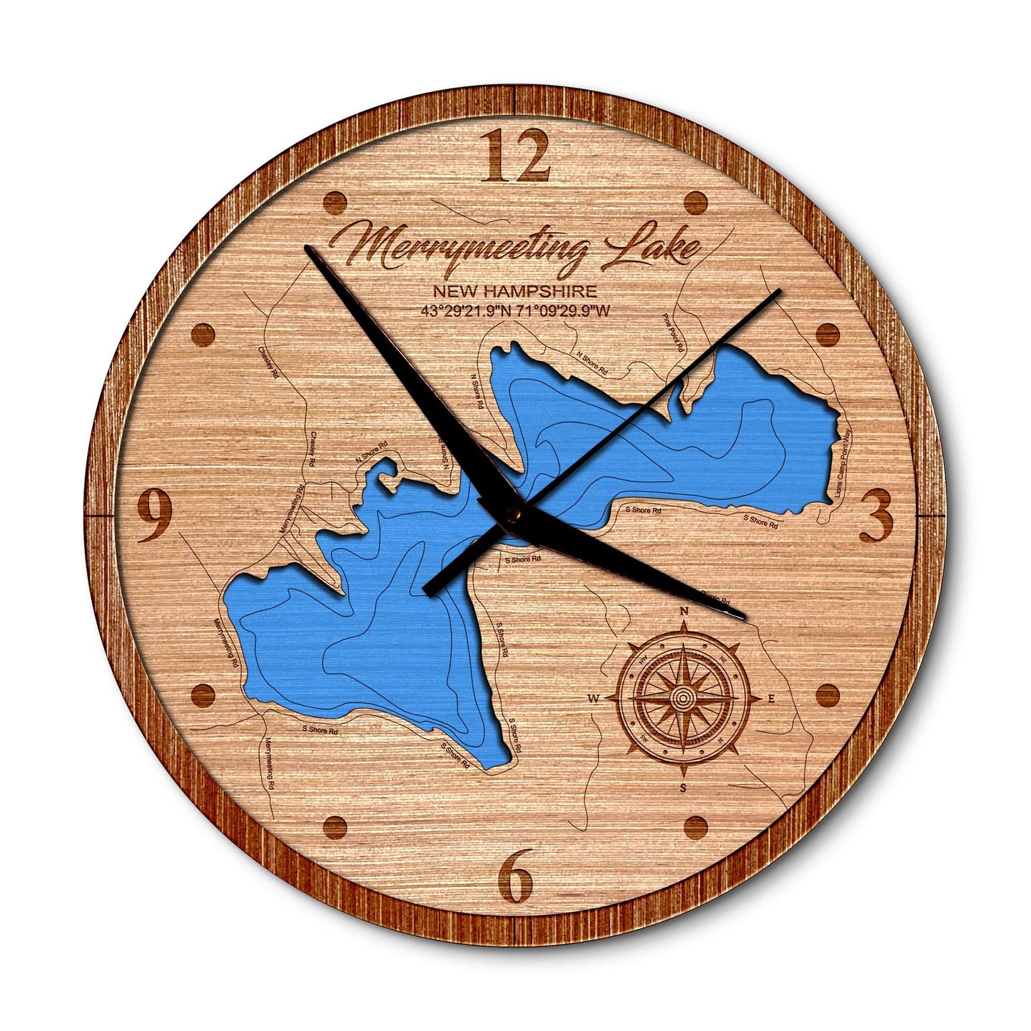 Merrymeeting Lake New Hampshire 14in Layered Map Clock - Any Lake, Pond, or Reservoir - Unique Home Decor