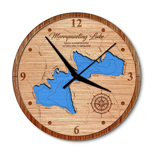 Merrymeeting Lake New Hampshire 14in Layered Map Clock - Any Lake, Pond, or Reservoir - Unique Home Decor