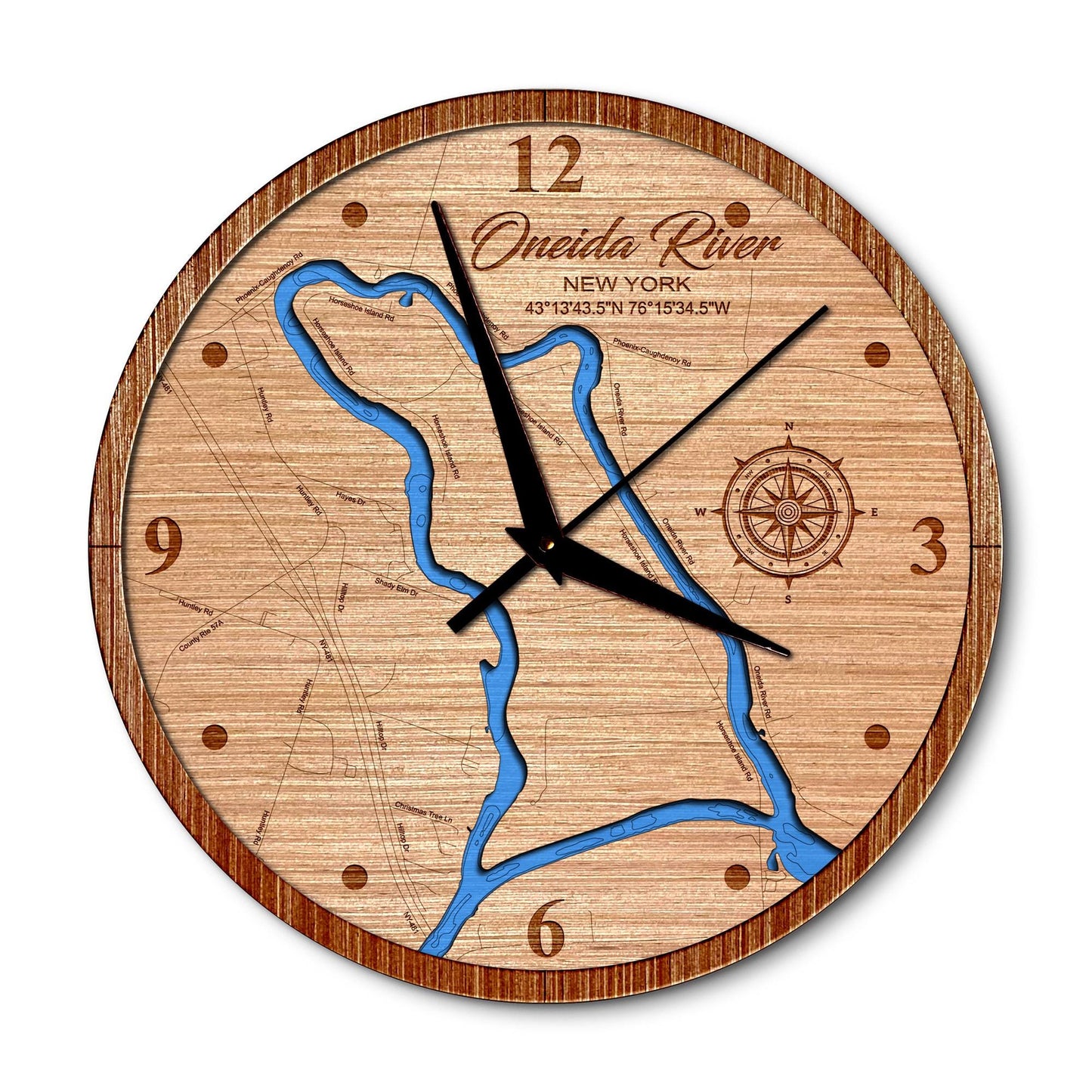 Oneida River New York 14in Layered Map Clock - Any Lake, Pond, or Reservoir - Unique Home Decor