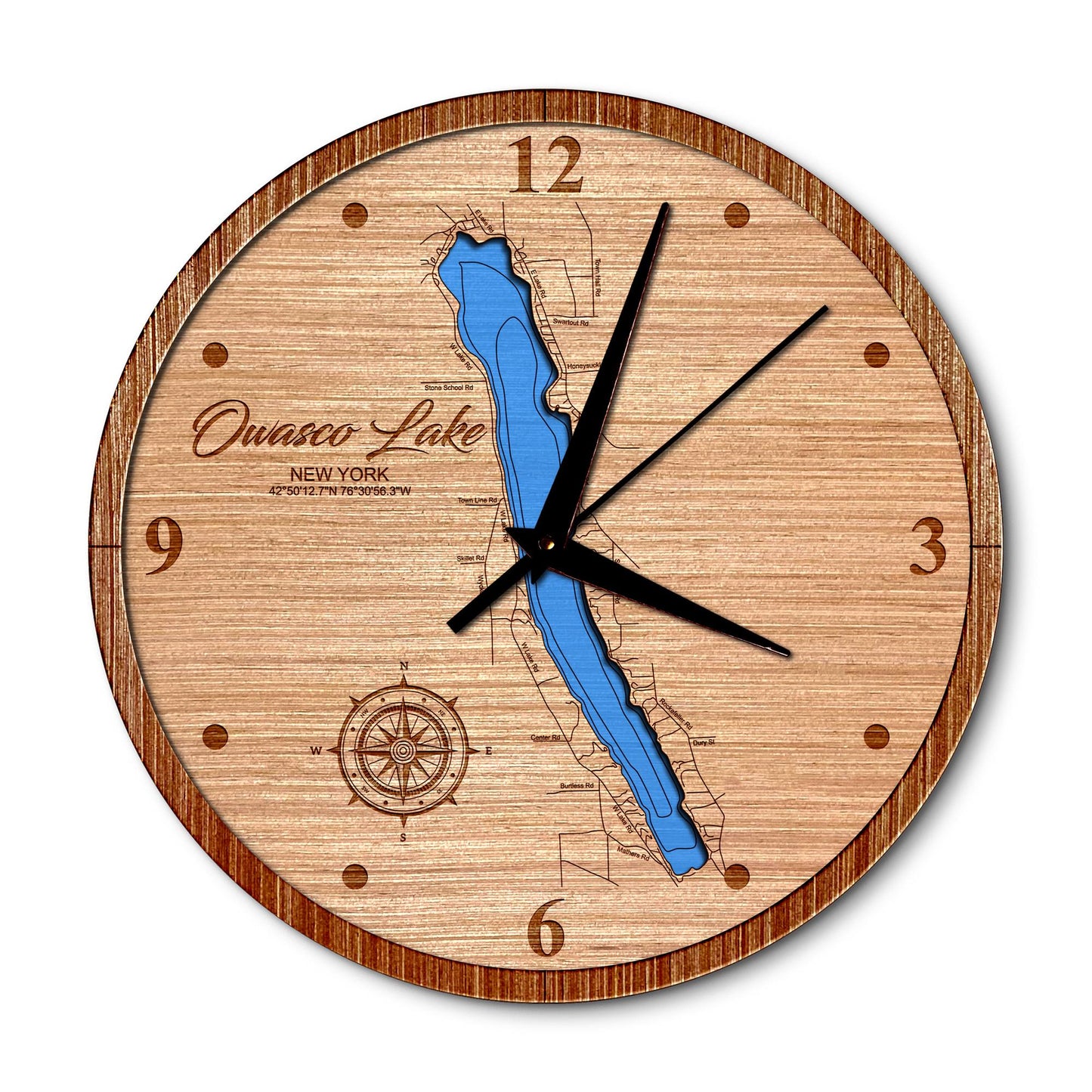 Owasco Lake  New York 14in Layered Map Clock - Any Lake, Pond, or Reservoir - Unique Home Decor