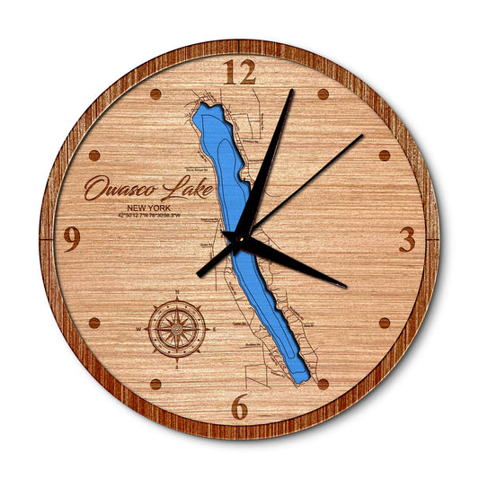 Owasco Lake  New York 14in Layered Map Clock - Any Lake, Pond, or Reservoir - Unique Home Decor