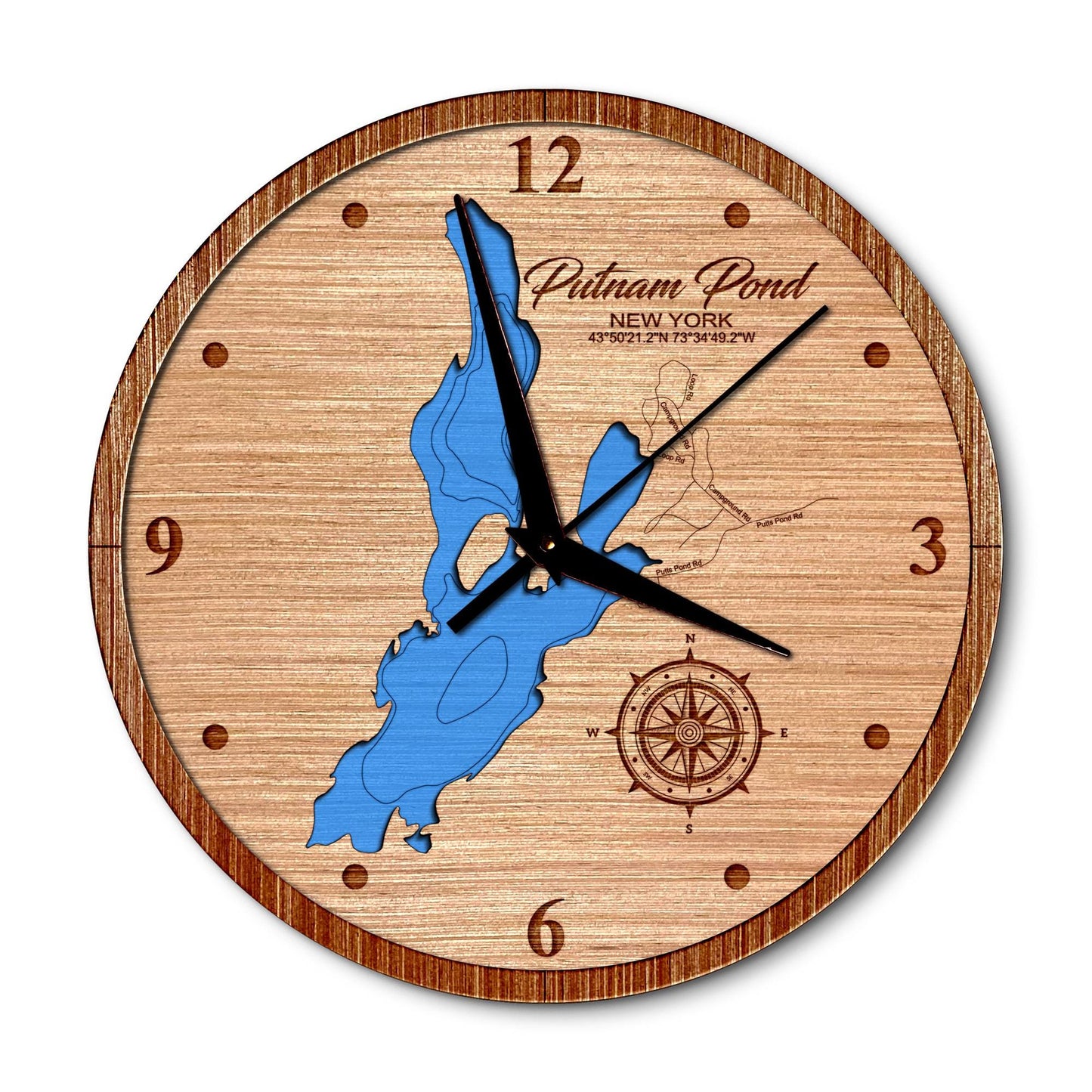 Putnam Pond New York 14in Layered Map Clock - Any Lake, Pond, or Reservoir - Unique Home Decor